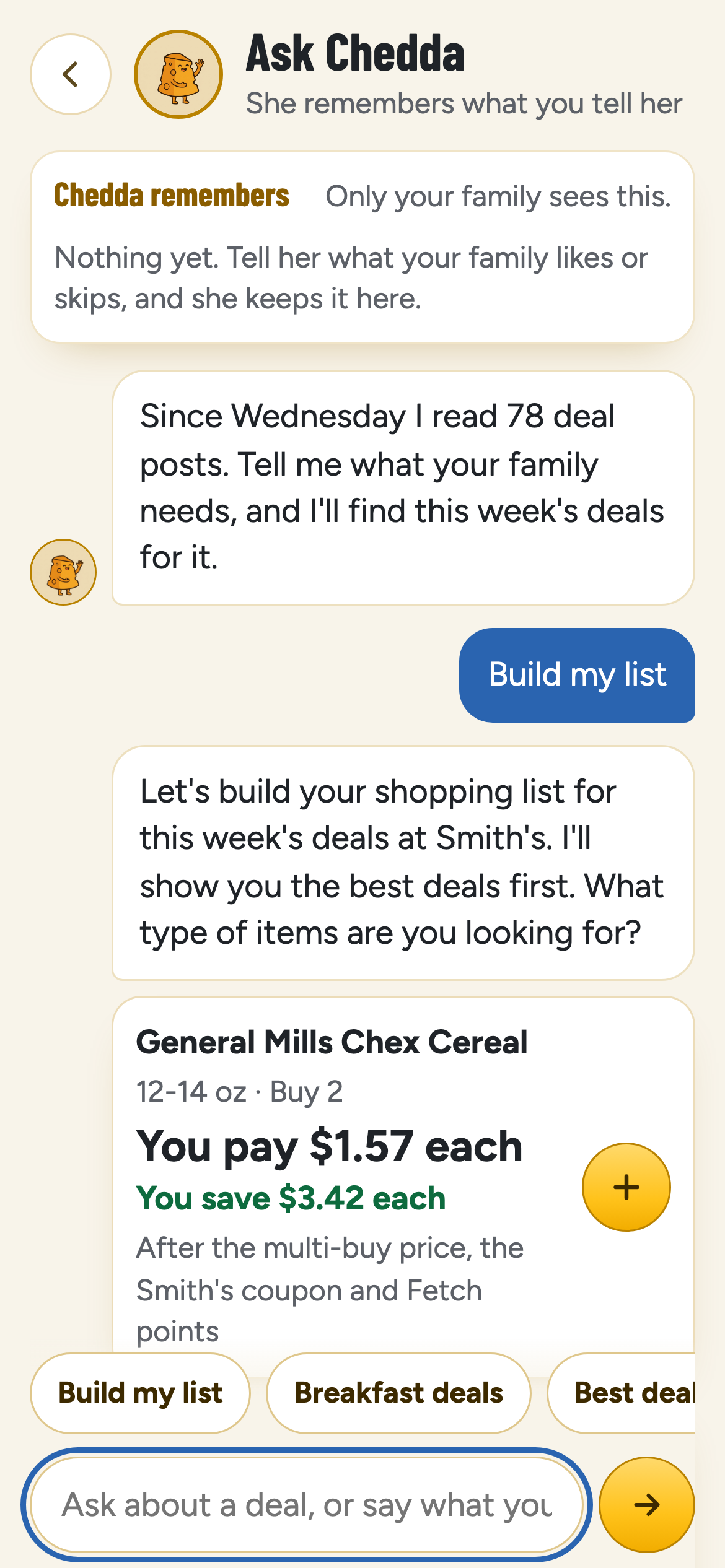 The app's Ask Chedda screen: a chat with Chedda, and what she remembers about your family.