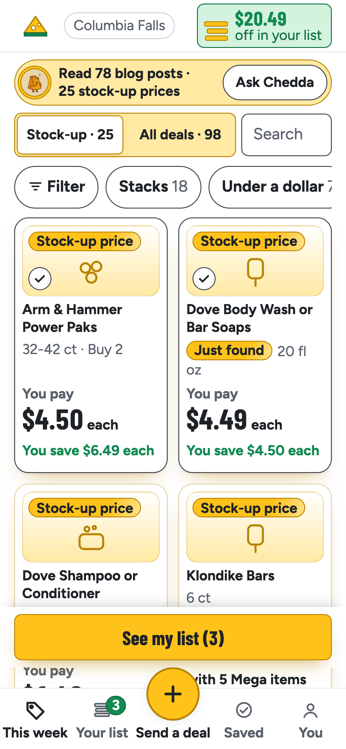The app's This week screen: this week's deals, each with what you pay and what you save.